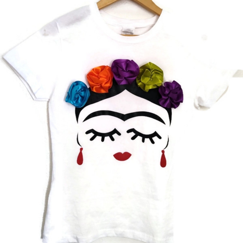 Frida Kahlo Colorful Ribbon Trimmed Tee Size Small - Picture 1 of 2